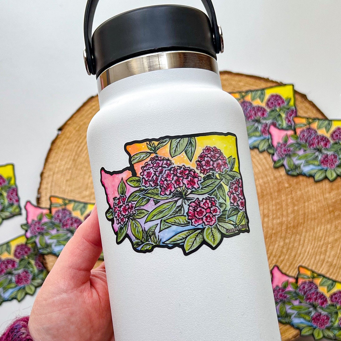 Rainbow WA and Rhododendrons, 3" Vinyl Die-Cut Sticker, Waterproof & Dishwasher Safe, Black Outline