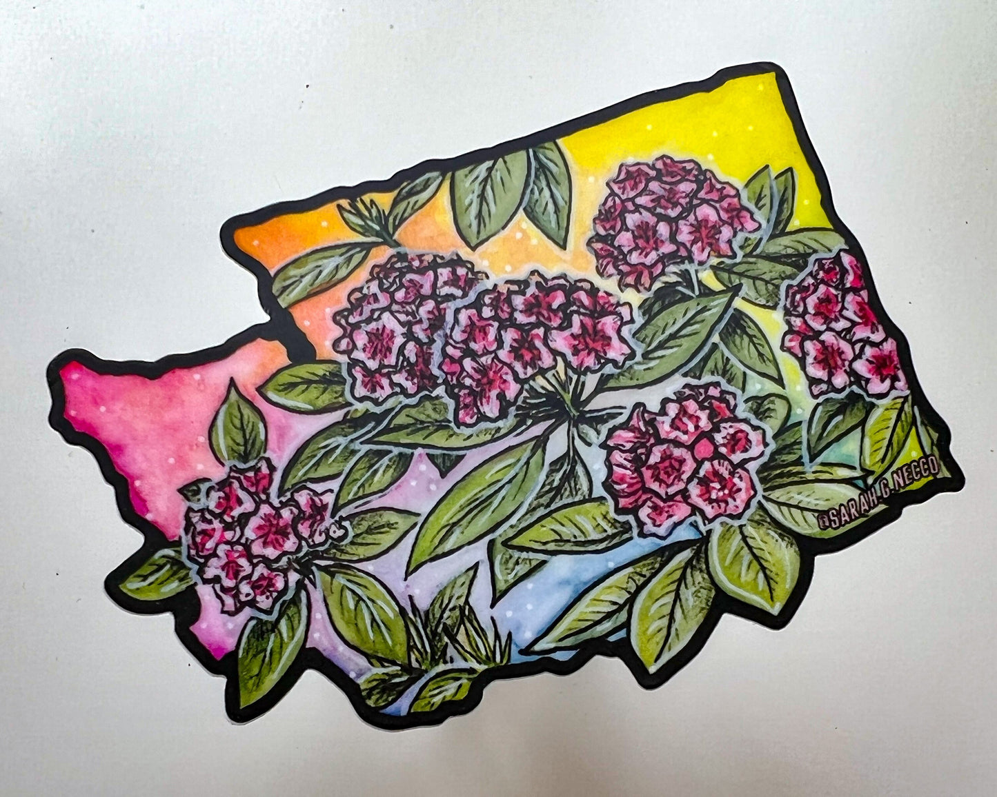 Rainbow WA and Rhododendrons, 3" Vinyl Die-Cut Sticker, Waterproof & Dishwasher Safe, Black Outline