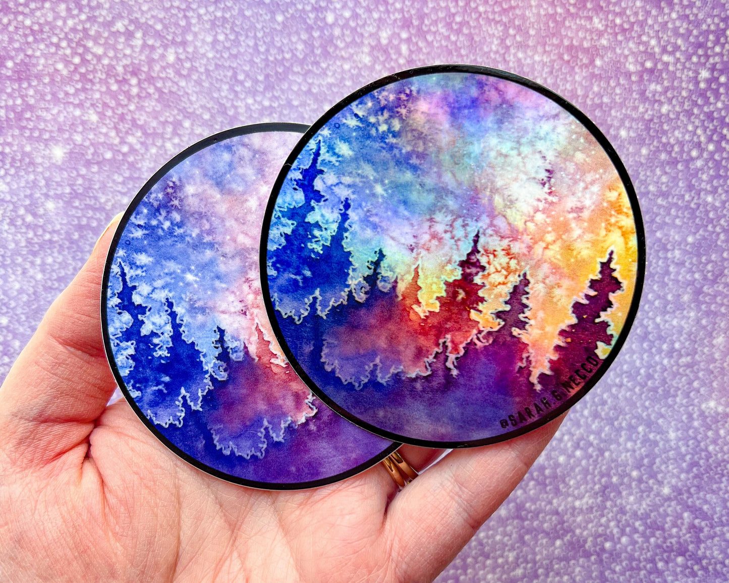 Sunrise Forest & Galaxy, 3” Vinyl Circle Sticker, Matte and Holographic