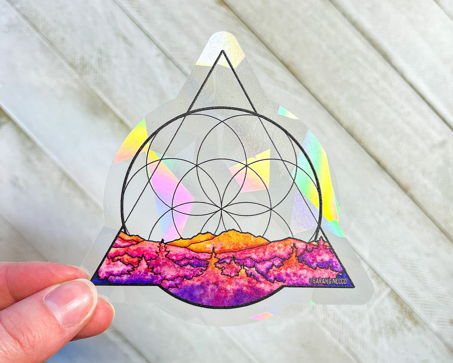 Geometric Sunset Landscape, 4" Sticker Window Suncatcher, Perfect for Home, Office, or Dorm, Makes Amazing Fractal Rainbows!