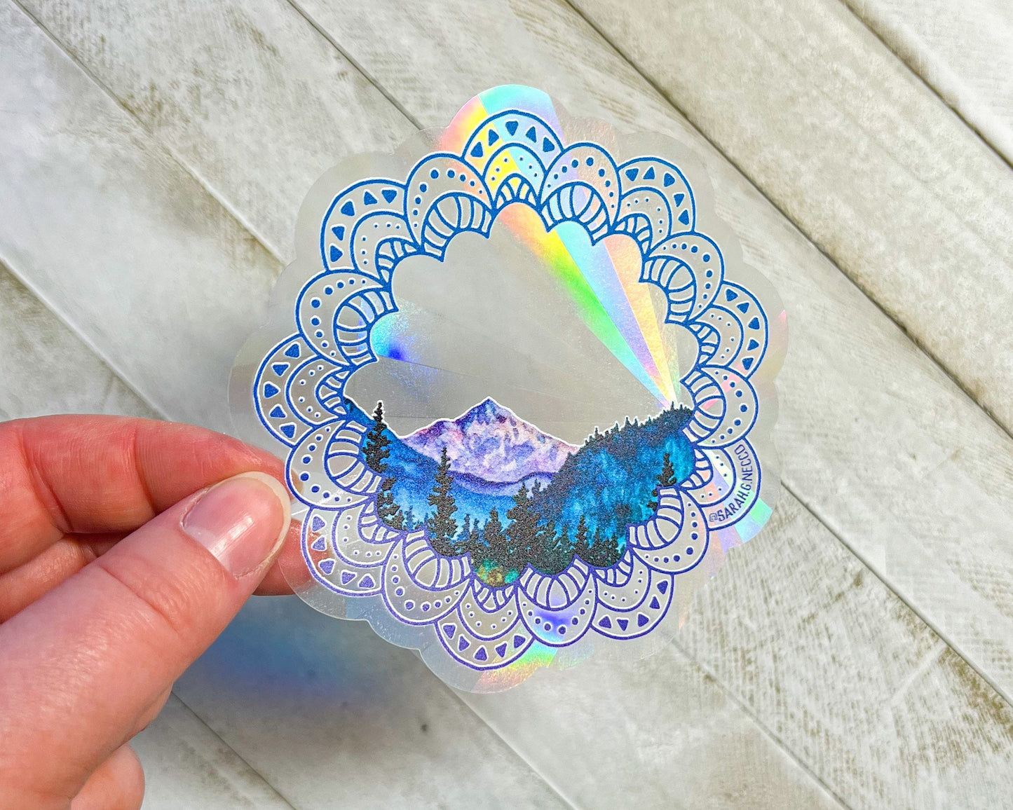 PNW Mandala Mountains, 4" Sticker Window Suncatcher, Perfect for Home, Office, or Dorm, Makes Amazing Fractal Rainbows!