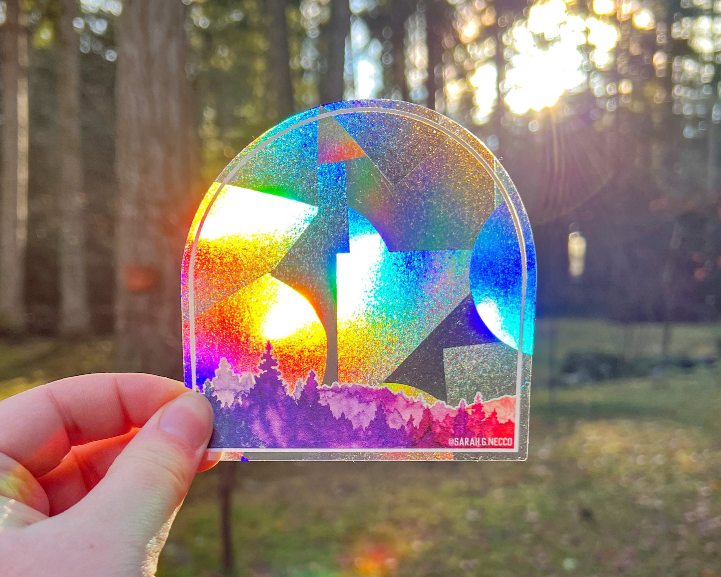 Sunset Forest Arch, 4" Sticker Window Suncatcher, Perfect for Home, Office, or Dorm, Makes Amazing Fractal Rainbows!