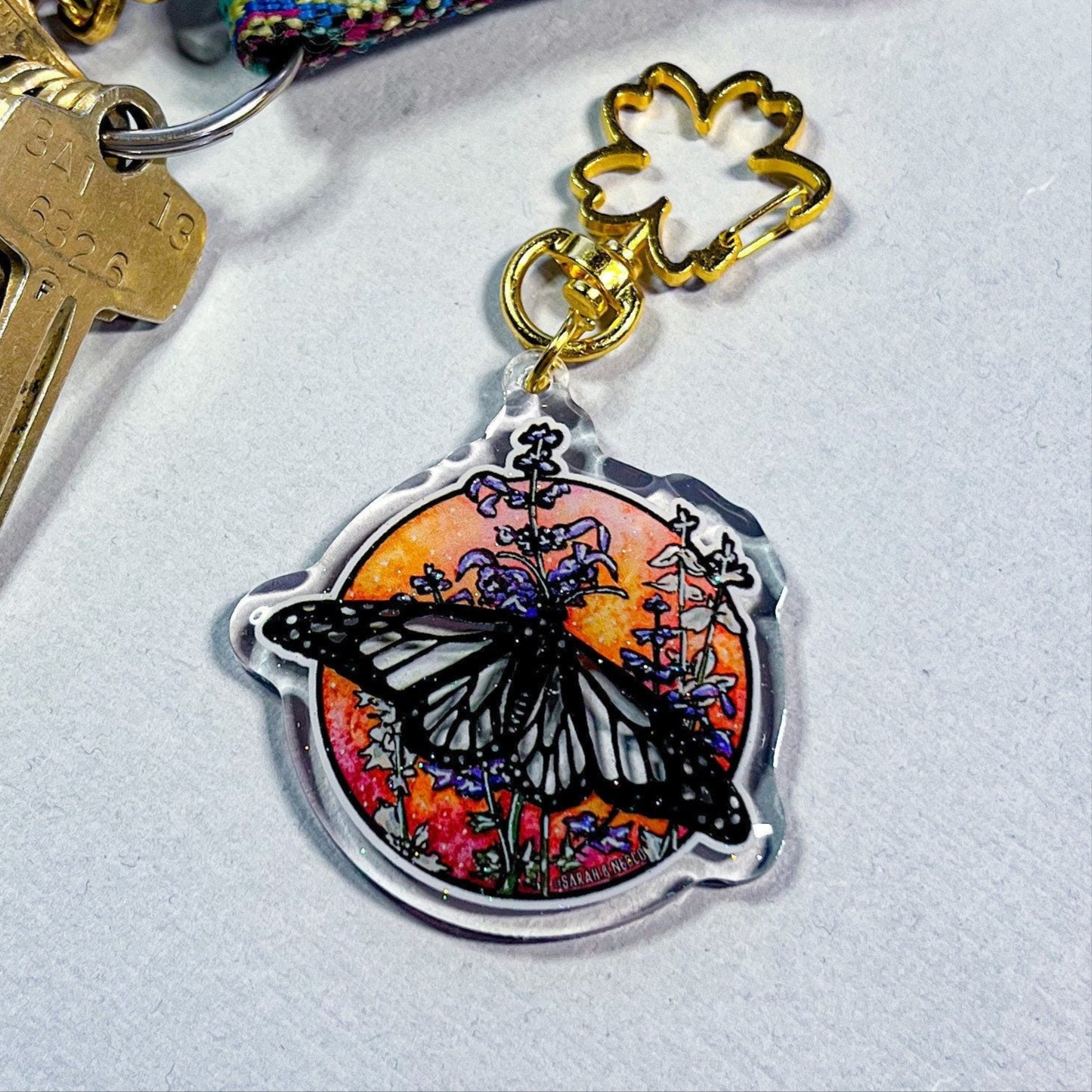 See-Through Monarch Butterfly, 2" Glitter Double-Sided Acrylic, High Quality Artist Keychain