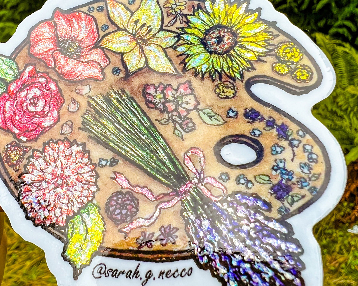 Rainbow Glitter Flower Artist Paint Palette, 3" Die-Cut Vinyl Sticker