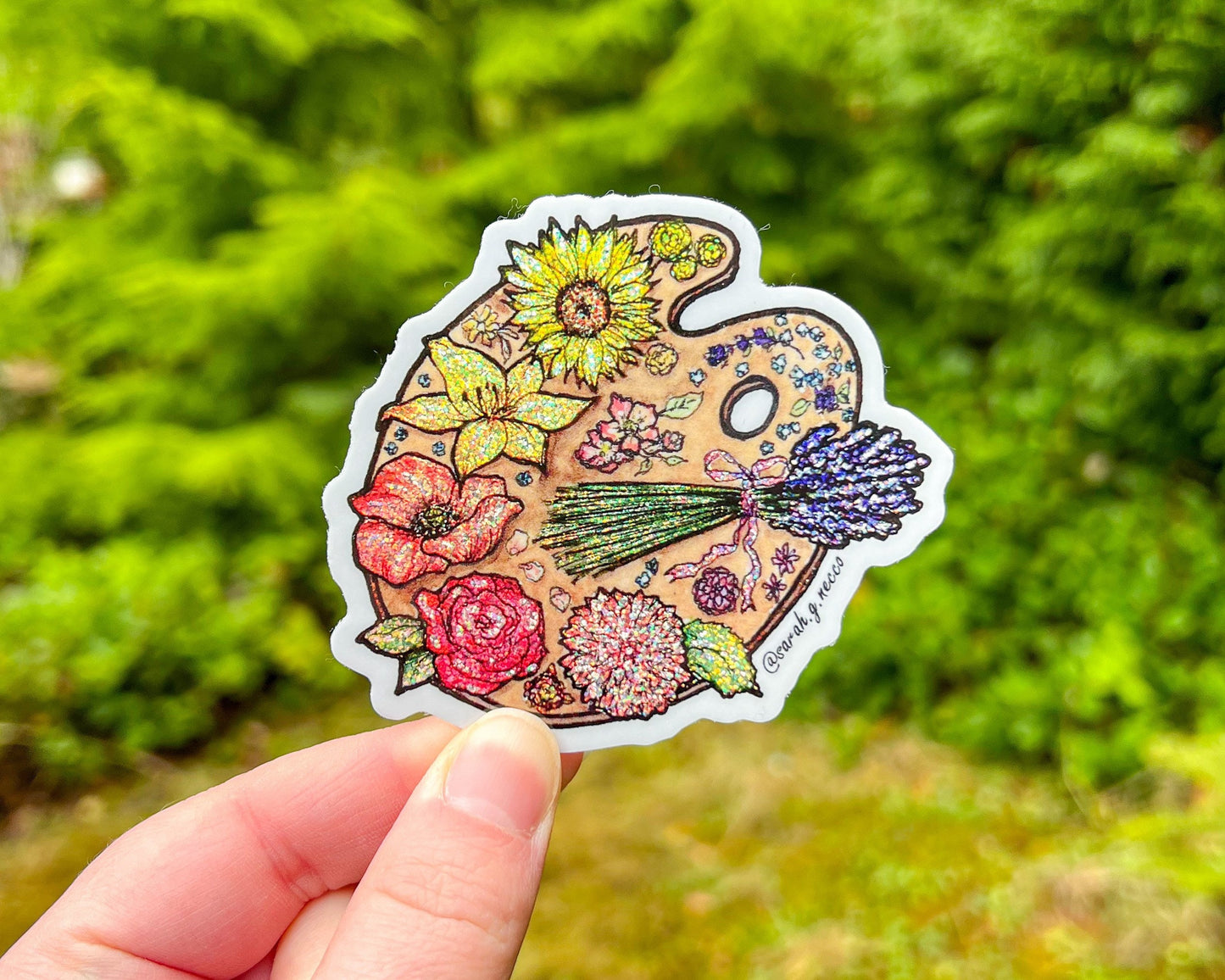 Rainbow Glitter Flower Artist Paint Palette, 3" Die-Cut Vinyl Sticker