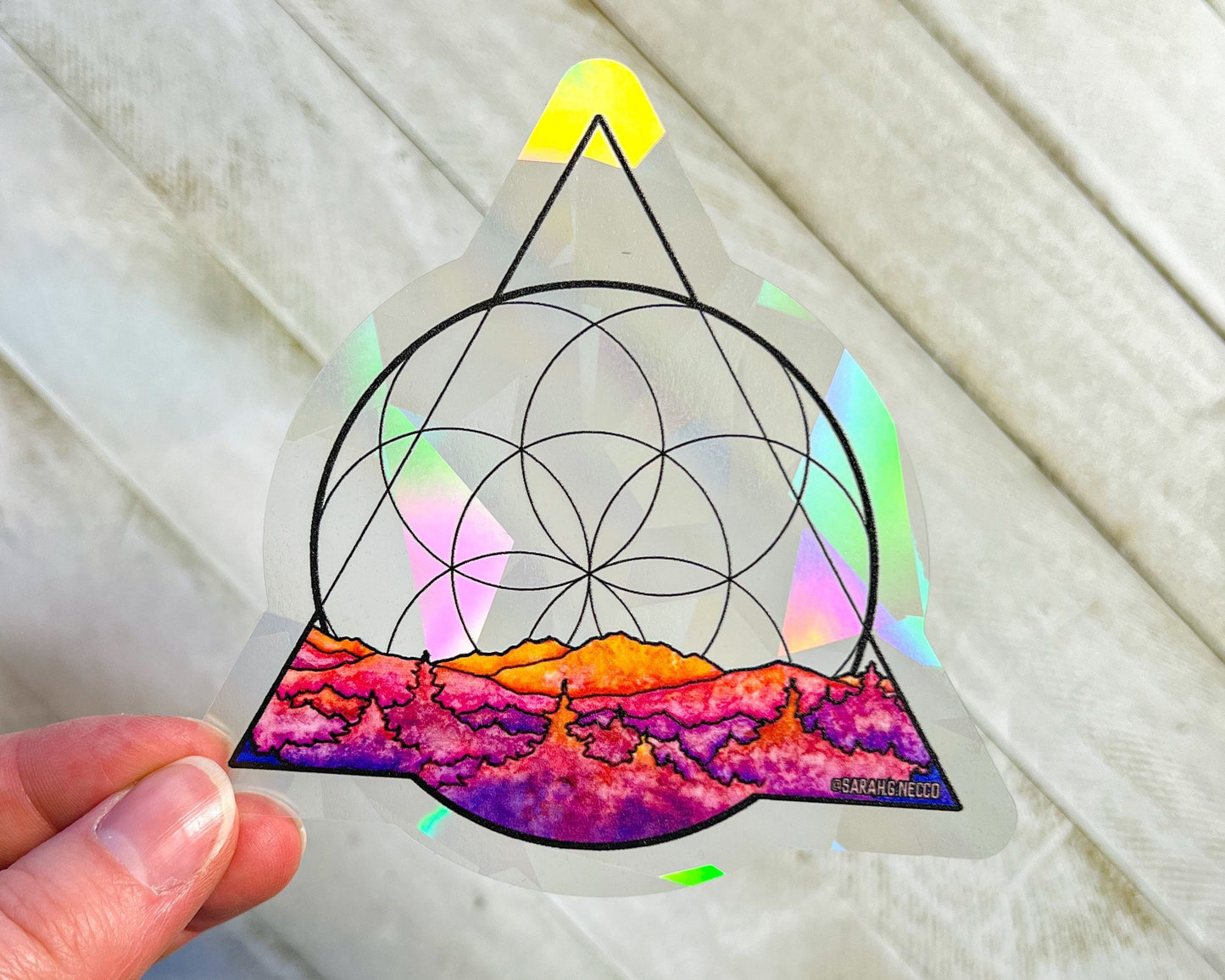 Geometric Sunset Landscape, 4" Sticker Window Suncatcher, Perfect for Home, Office, or Dorm, Makes Amazing Fractal Rainbows!