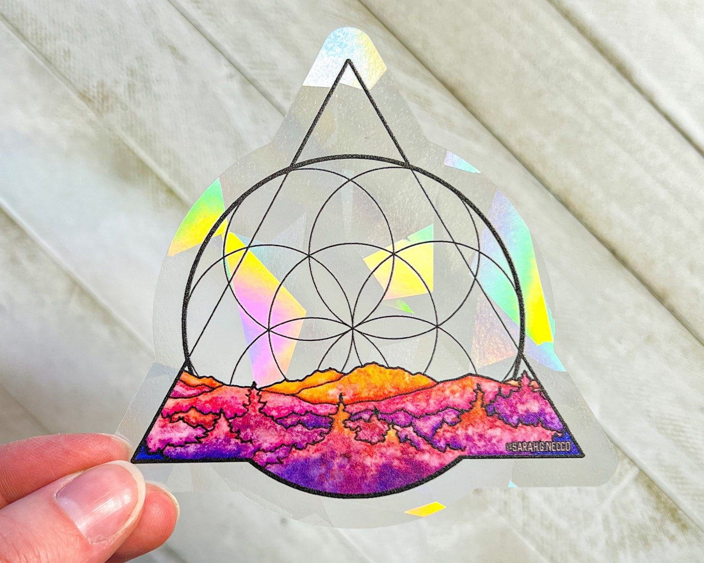 Geometric Sunset Landscape, 4" Window Suncatcher Sticker, Makes Amazing Fractal Rainbows!