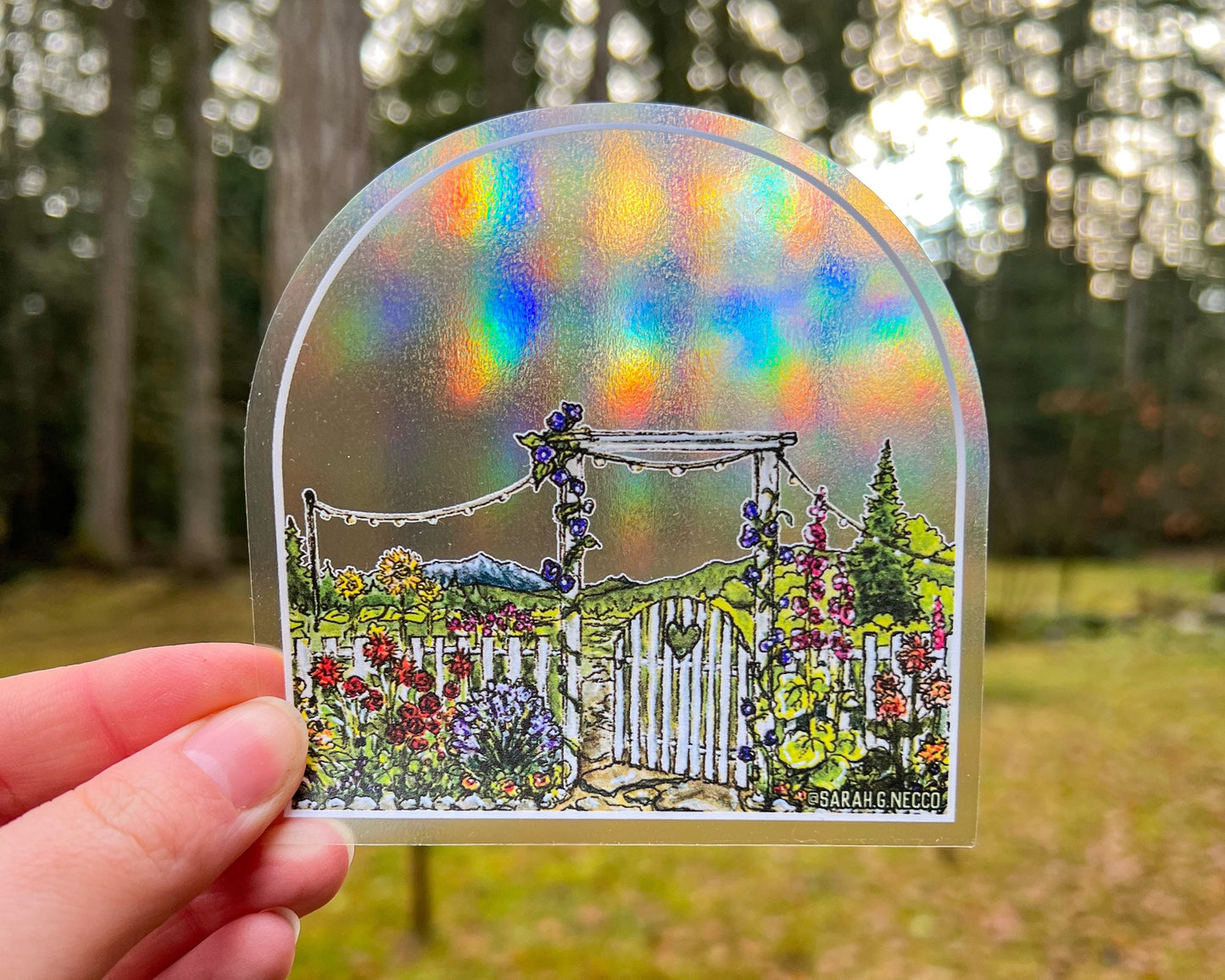 The Garden Gate, 4" Sticker Window Suncatcher, Perfect for Home, Office, or Dorm, Makes Amazing Fractal Rainbows!