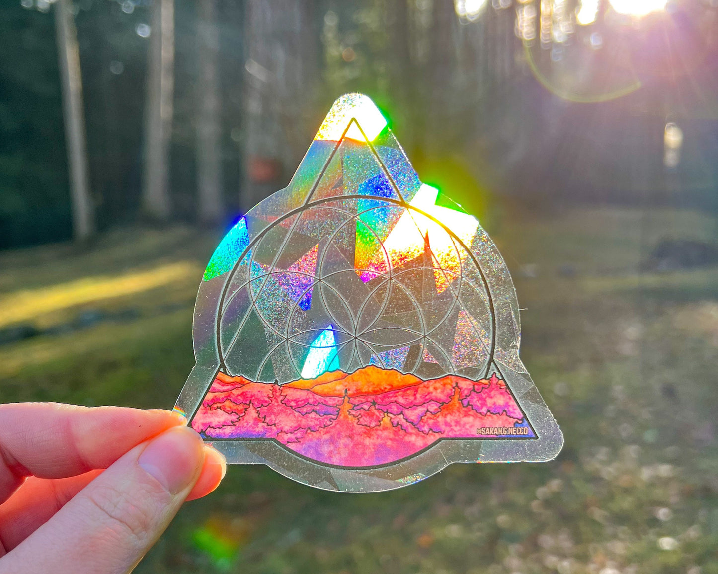 Geometric Sunset Landscape, 4" Sticker Window Suncatcher, Perfect for Home, Office, or Dorm, Makes Amazing Fractal Rainbows!