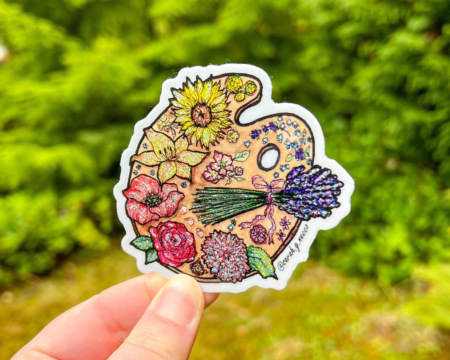 Rainbow Glitter Flower Artist Paint Palette, 3" Die-Cut Vinyl Sticker