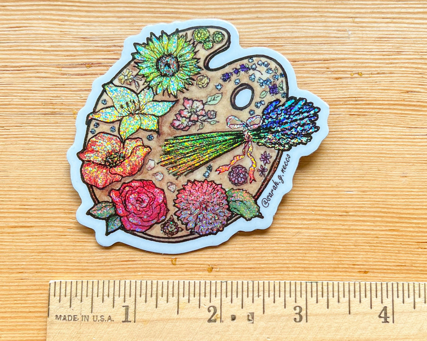 Rainbow Glitter Flower Artist Paint Palette, 3" Die-Cut Vinyl Sticker