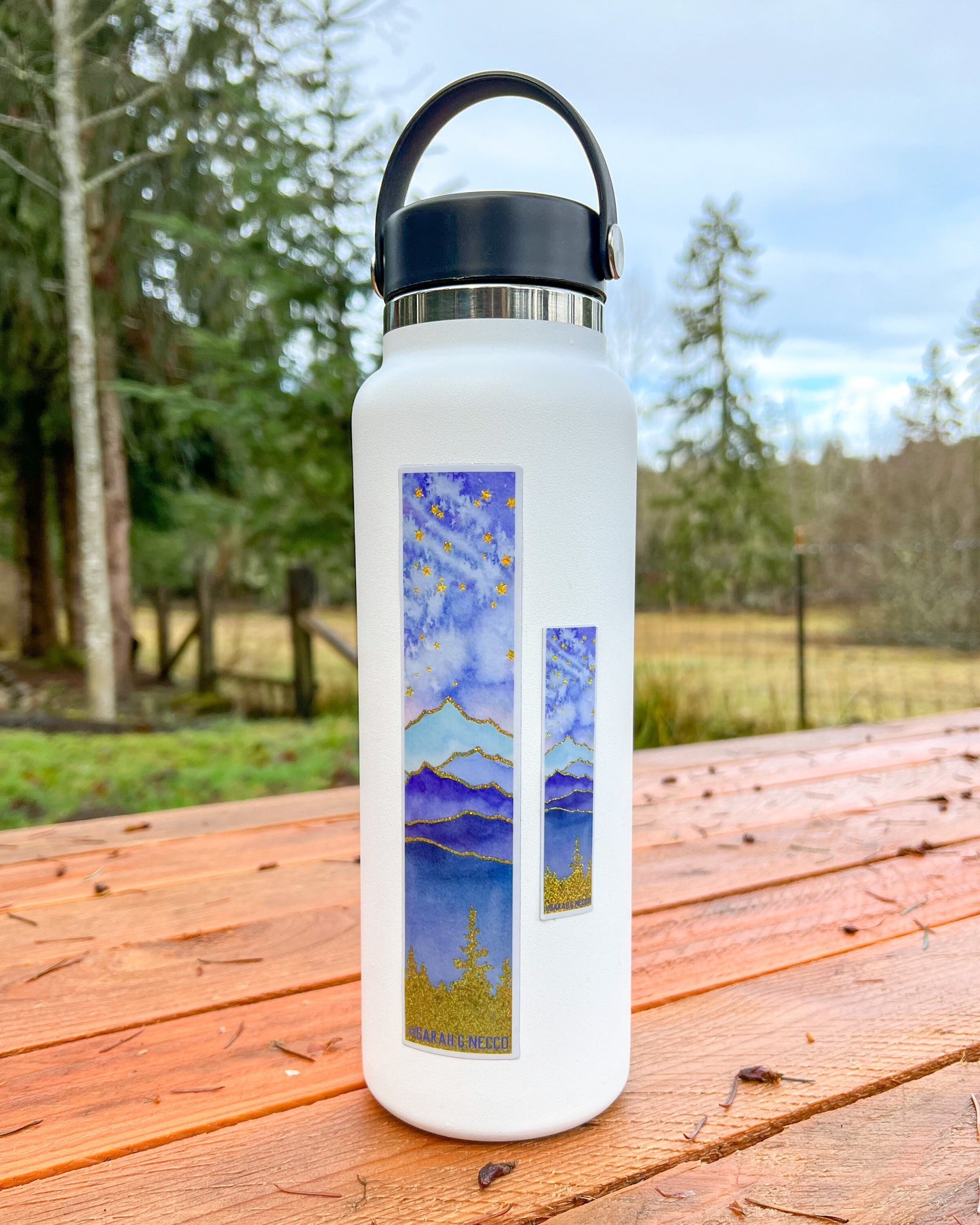 Layered Blue Mountains Tallscape™ Sticker, 7" Tall Gold Glitter Vinyl