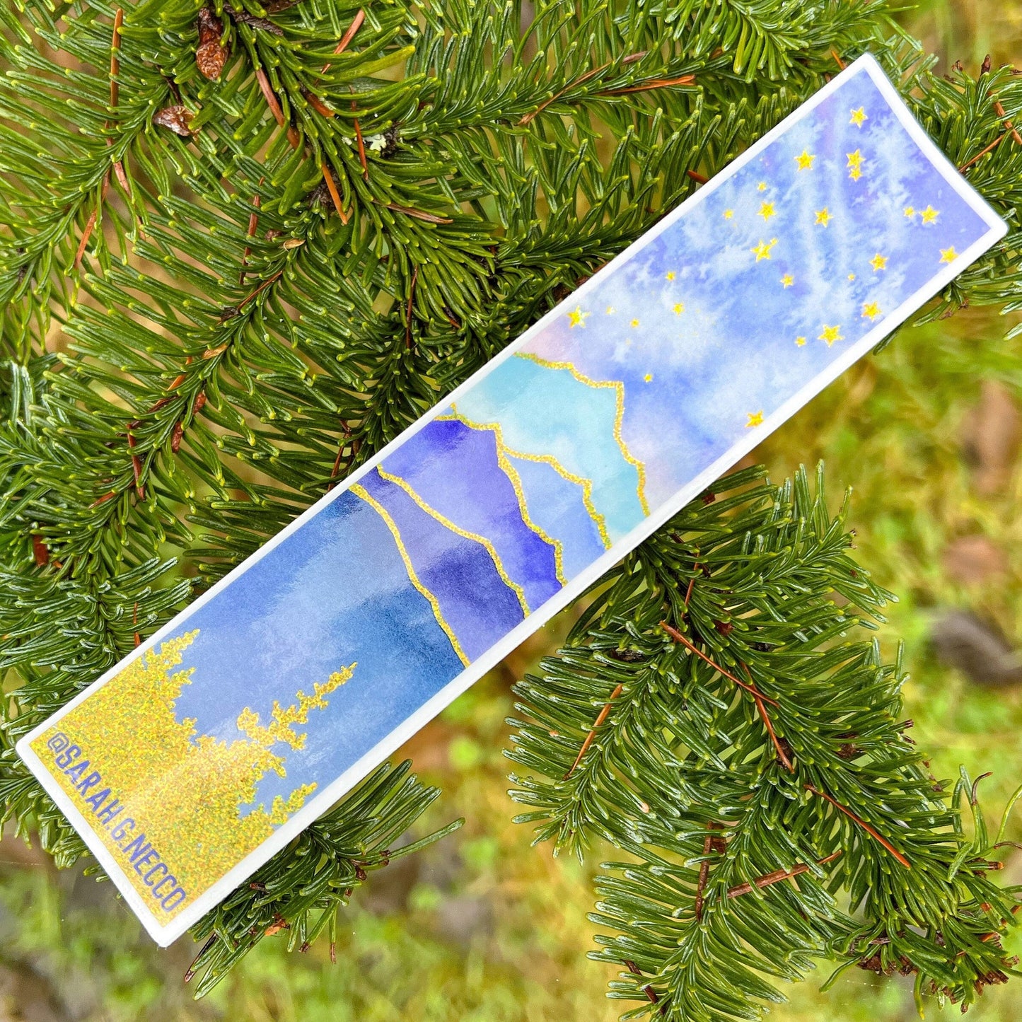 Layered Blue Mountains Tallscape™ Sticker, 7" Tall Gold Glitter Vinyl