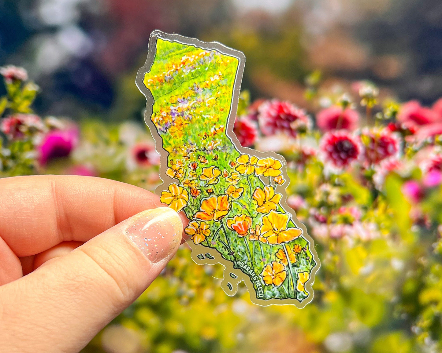 California State Flower Poppy Superbloom, 3" Clear Vinyl Die-Cut Sticker, Waterproof and Dishwasher Safe, CA State Shape Landscape Painting