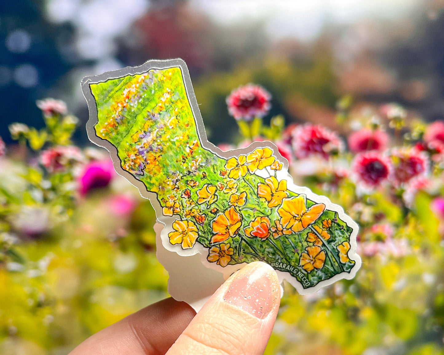 California State Flower Poppy Superbloom, 3" Clear Vinyl Die-Cut Sticker, Waterproof and Dishwasher Safe, CA State Shape Landscape Painting