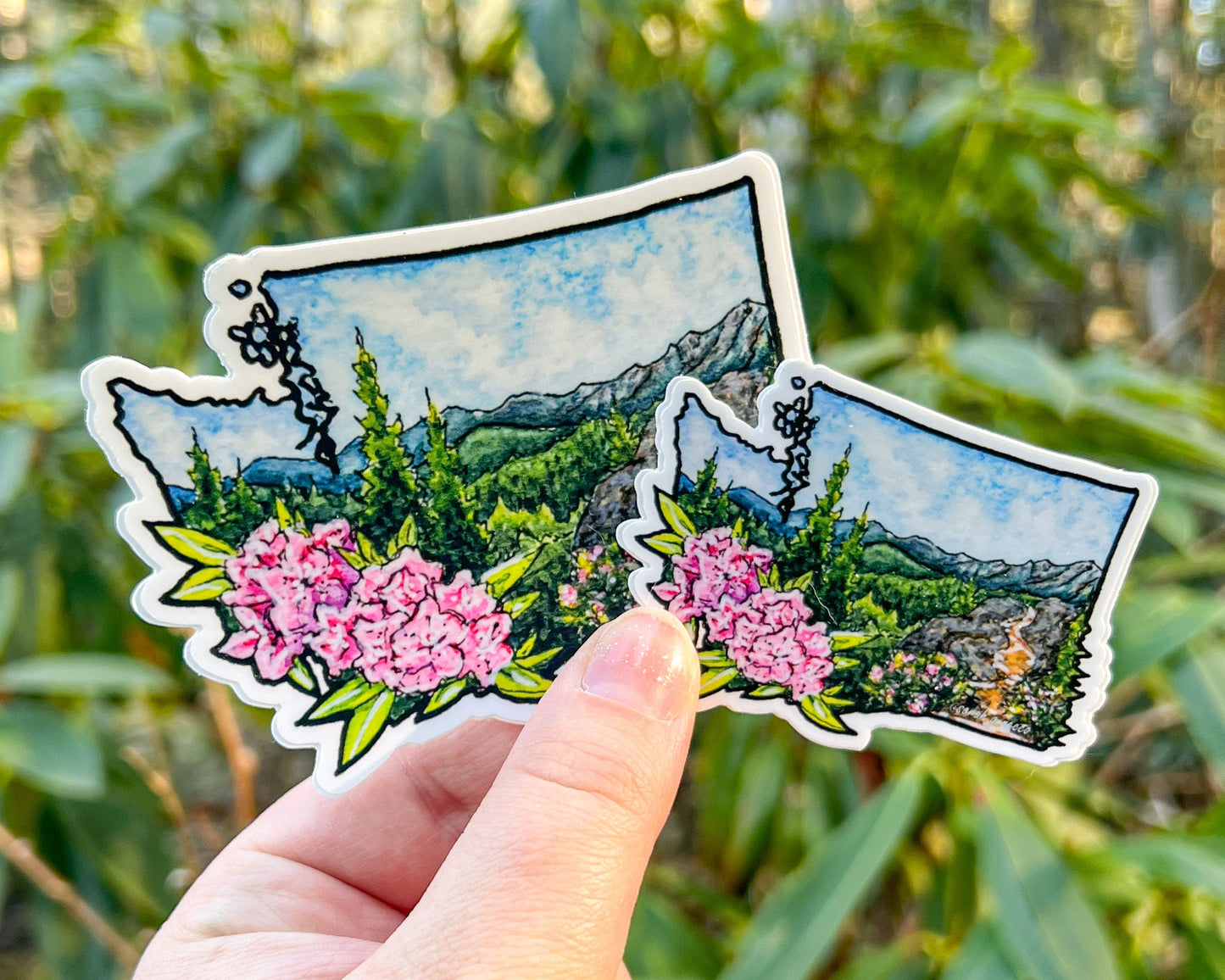 WA State Rhododendron Flower, 4" and 3" Vinyl Die-Cut Sticker, Waterproof & Dishwasher Safe, White Outline