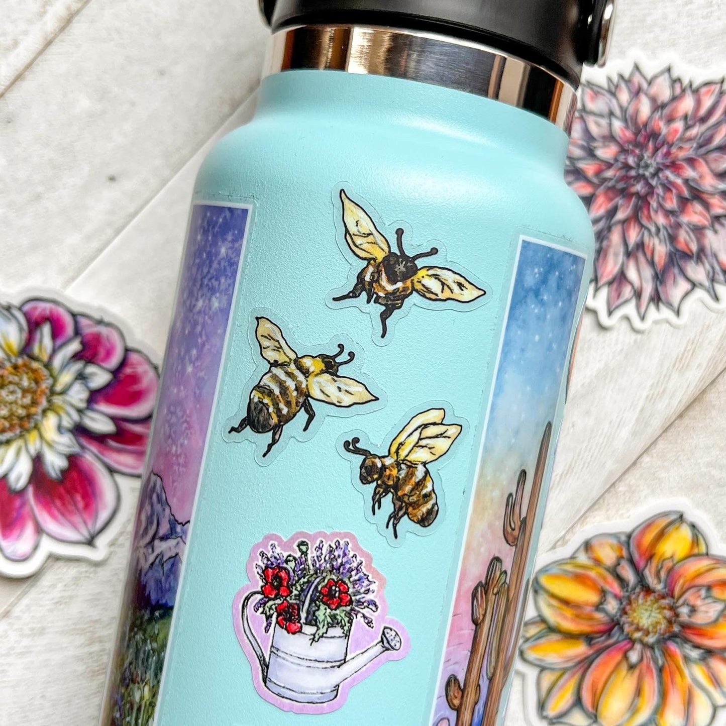 Set of 3 Mini Honey Bees, 1.5" Clear Matte Die-Cut Vinyl Stickers, Waterproof & Dishwasher Safe, Watercolor Art Pollinators