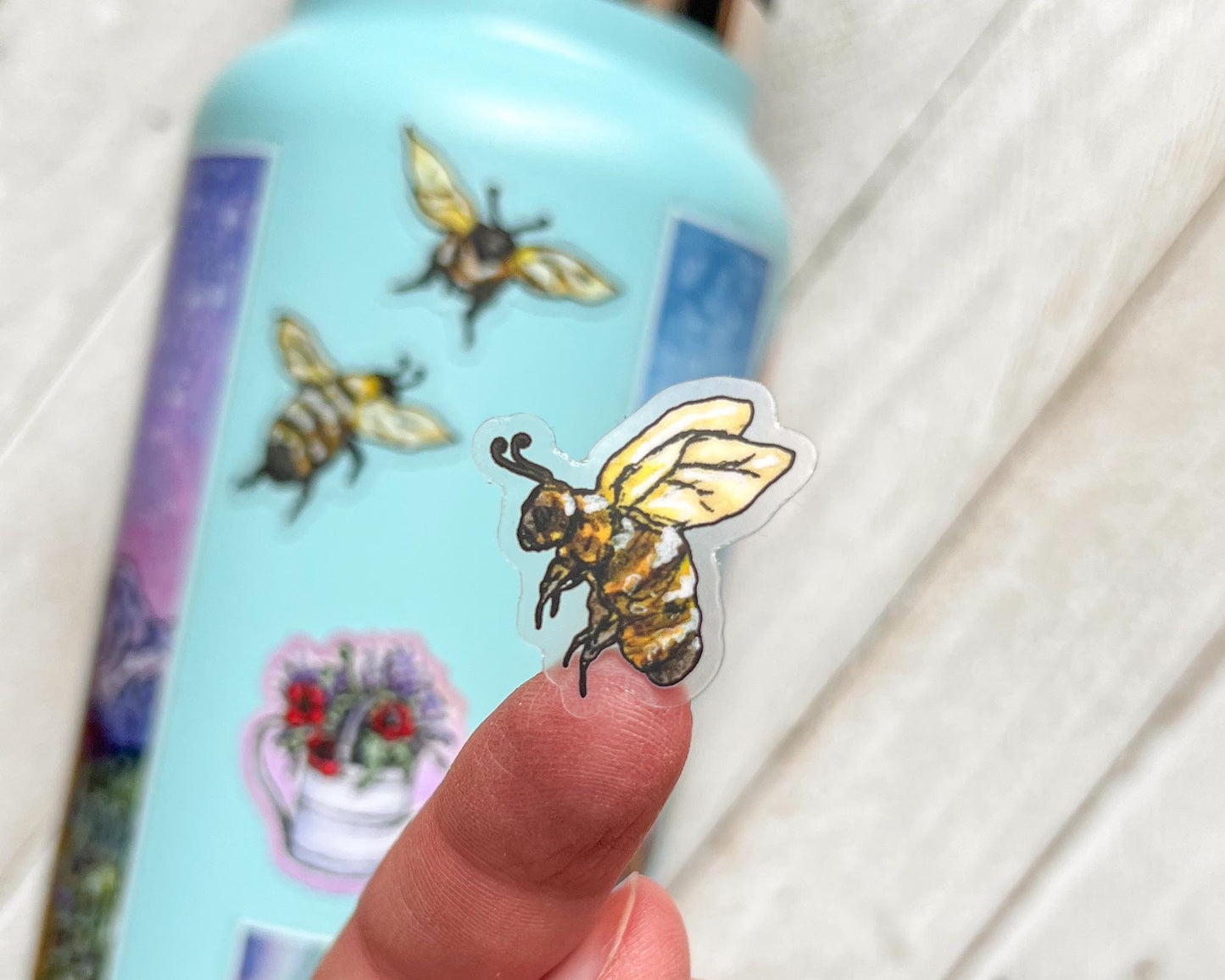 Set of 3 Mini Honey Bees, 1.5" Clear Matte Die-Cut Vinyl Stickers, Waterproof & Dishwasher Safe, Watercolor Art Pollinators