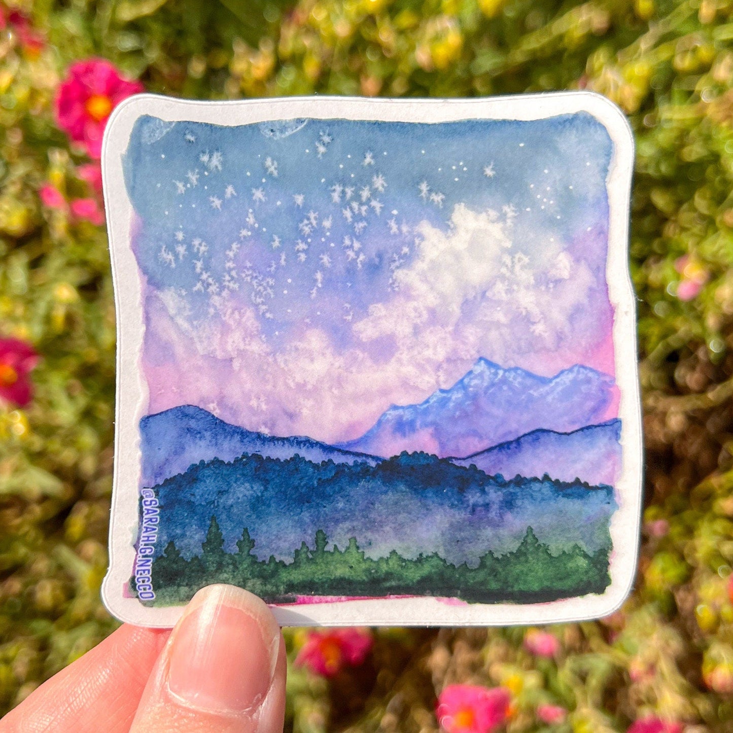 Blue Mountains Watercolor Painting Square, Clear Vinyl 3” Die-cut Sticker, Waterproof & Dishwasher Safe