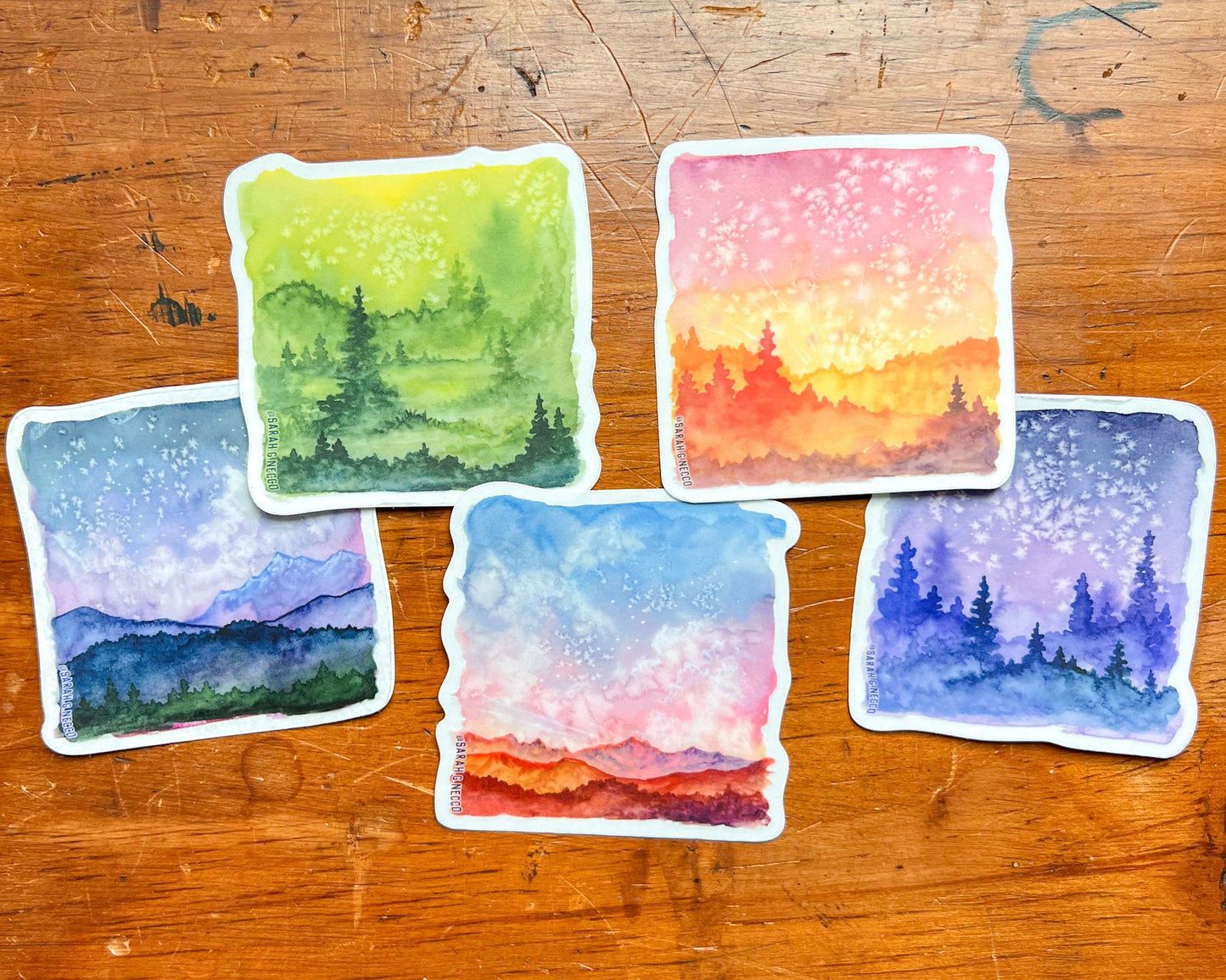 Evergreen Watercolor Painting Square, Clear Vinyl 3” Die-cut Sticker, Waterproof & Dishwasher Safe