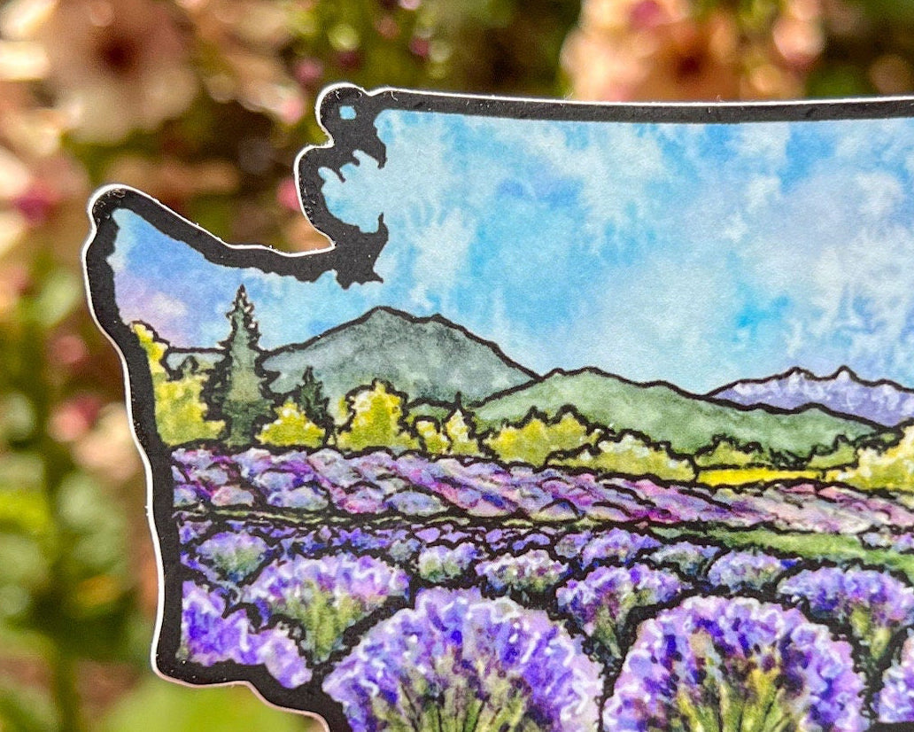 WA Lavender Fields, 3.5"x2.5" WA Die Cut Vinyl Sticker, Waterproof and Dishwasher Safe