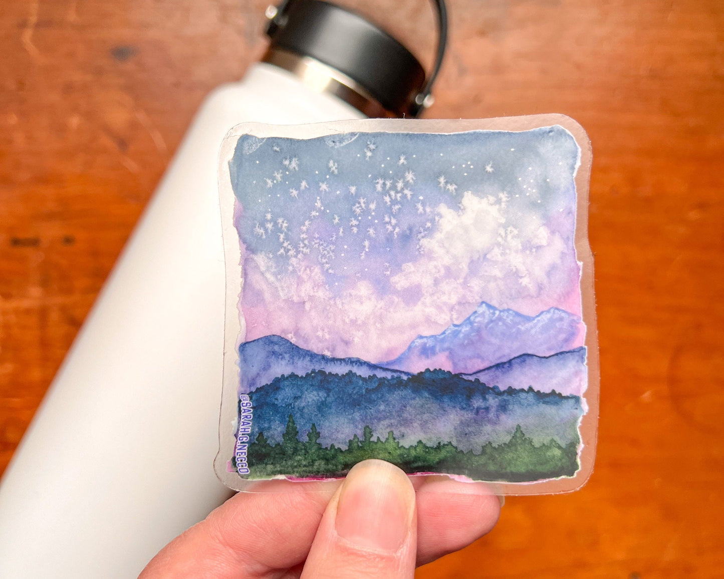 Blue Mountains Watercolor Painting Square, Clear Vinyl 3” Die-cut Sticker, Waterproof & Dishwasher Safe