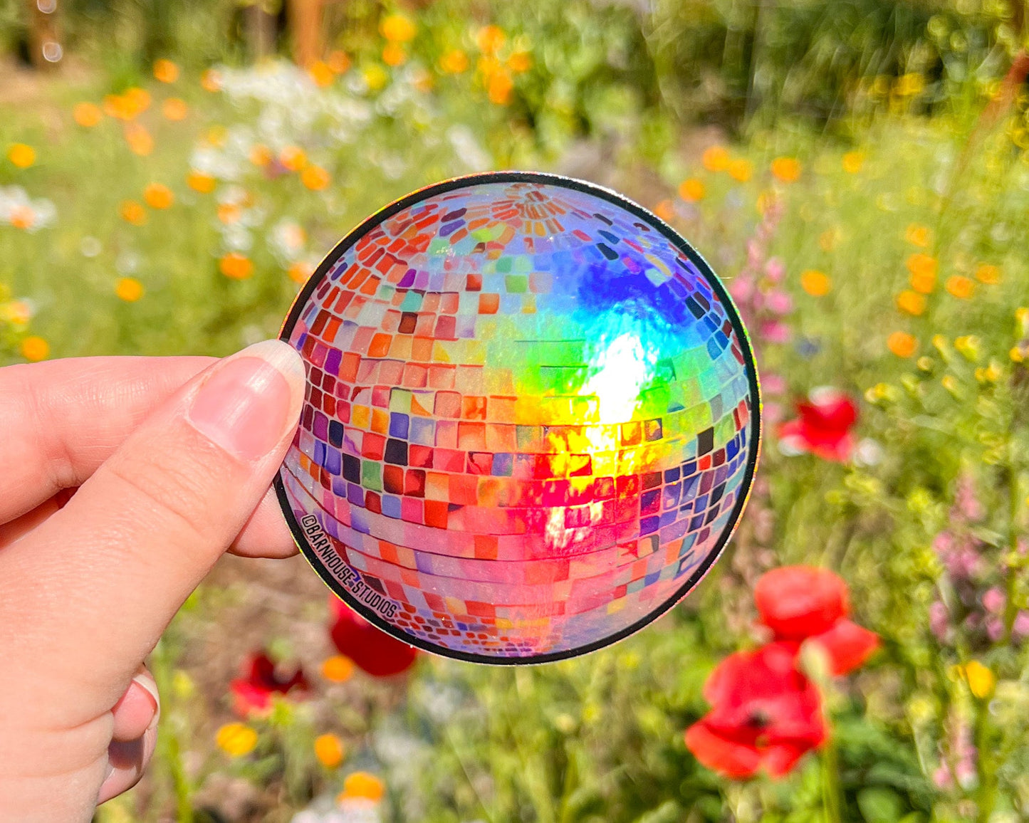 Rainbow Disco Ball 3” Vinyl Circle Sticker, Holographic & Glitter