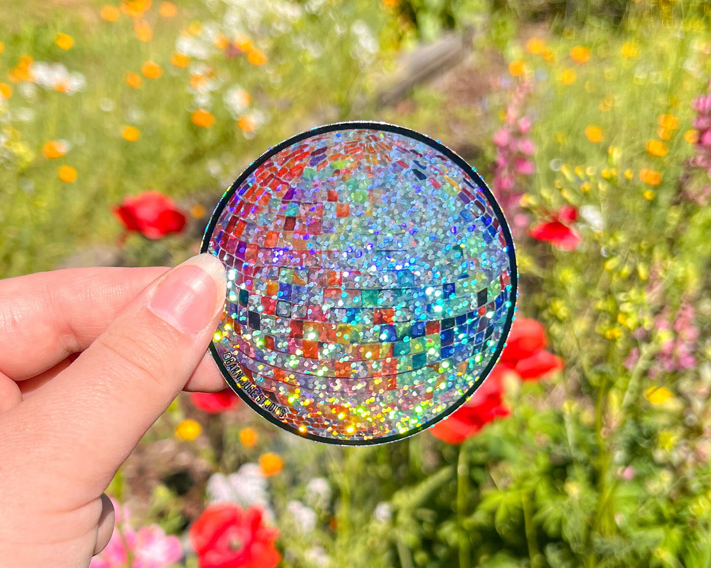 Rainbow Disco Ball 3” Vinyl Circle Sticker, Holographic & Glitter