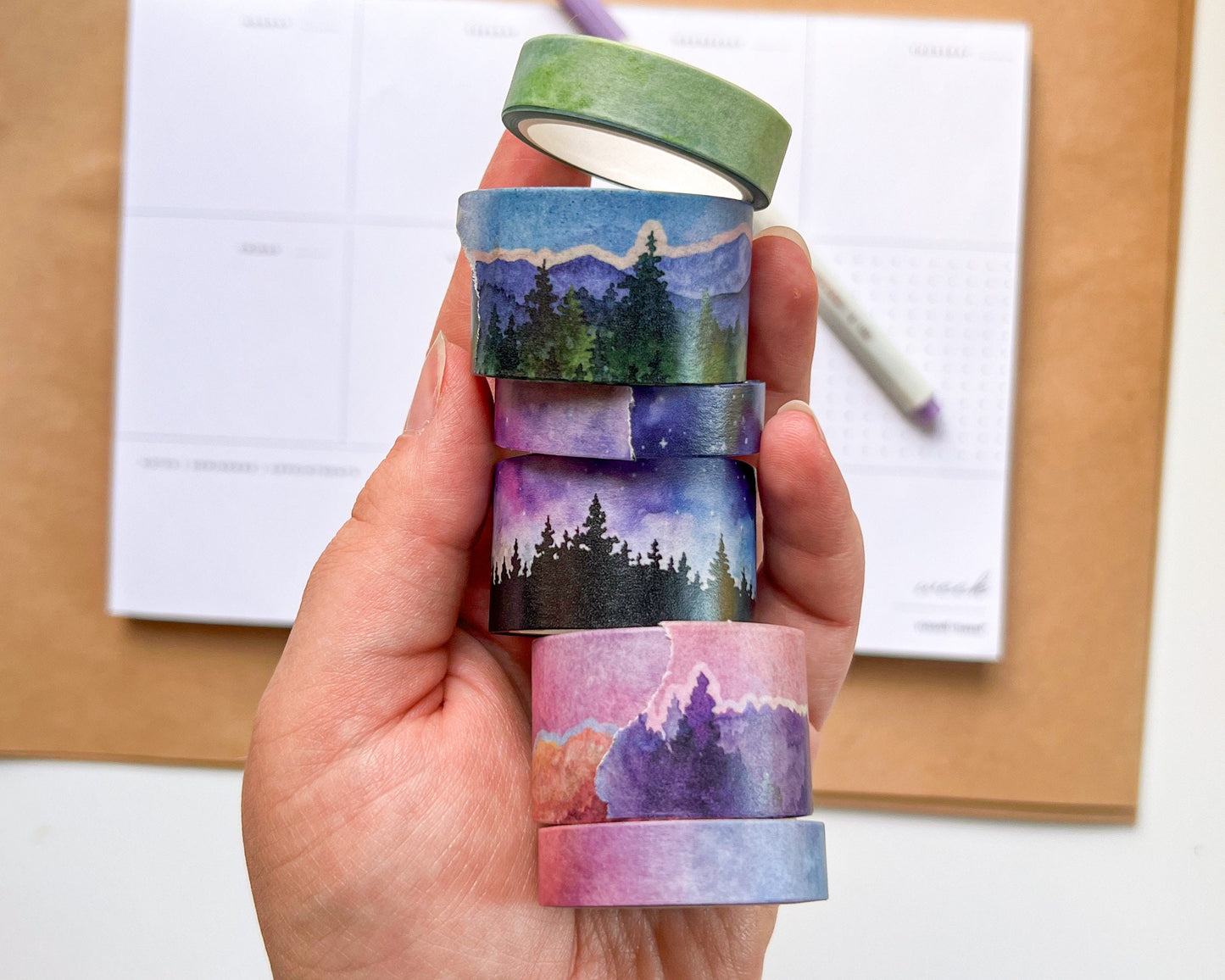 Set of 6 Landscape Washi Tapes, 3 Rolls each: 2.5cm & 1cm Wide by 10m Long