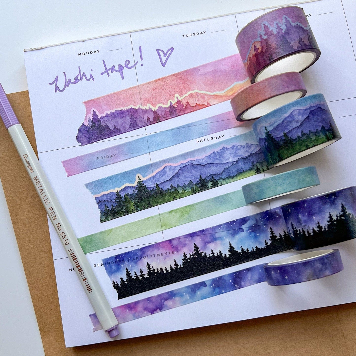 Set of 6 Landscape Washi Tapes, 3 Rolls each: 2.5cm & 1cm Wide by 10m Long