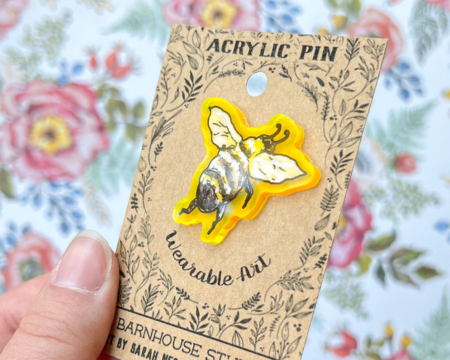 Limited Addition* Honey Bee, 1.5” Fluorescent Yellow Acrylic Pin with Rubber Clutch, Wearable Watercolor Art