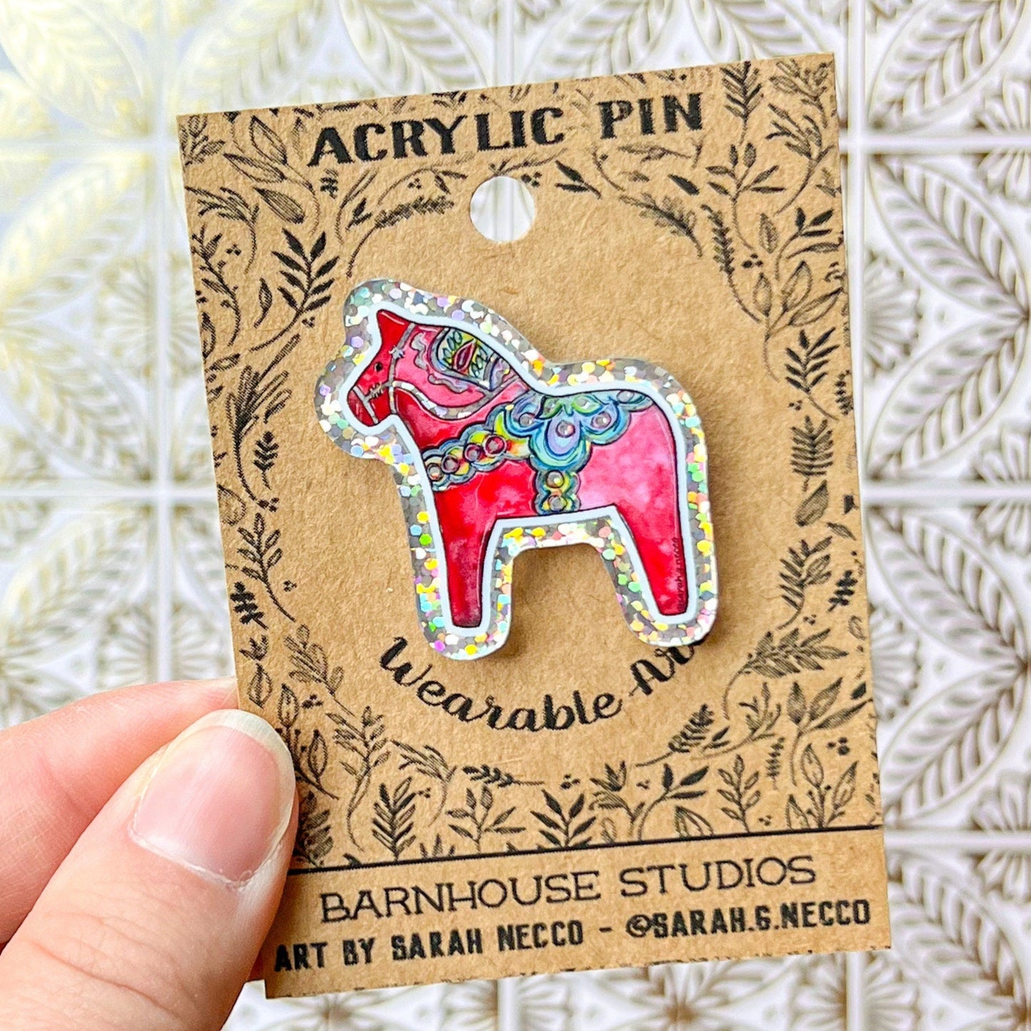 Limited Addition* Dala Horse, 1.5” Rainbow Glitter Acrylic Pin with Rubber Clutch, Wearable Watercolor Art