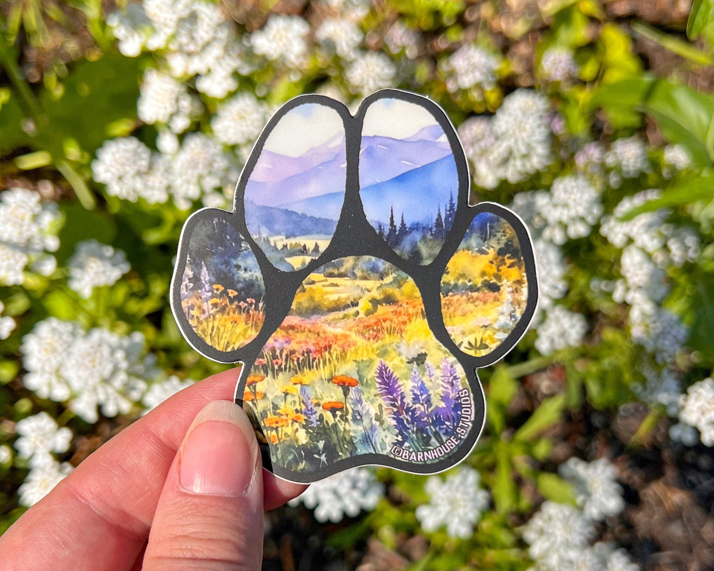 Wildflower Dog Paw, Clear Vinyl 3” Die-cut Sticker, Waterproof & Dishwasher Safe, Digital Watercolor Illustration