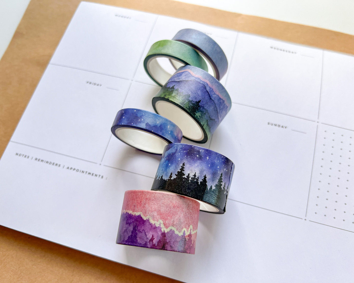 Set of 2 Sunset Mountains Washi Tape, Size 2.5cm and 1cm Wide by 10m Long