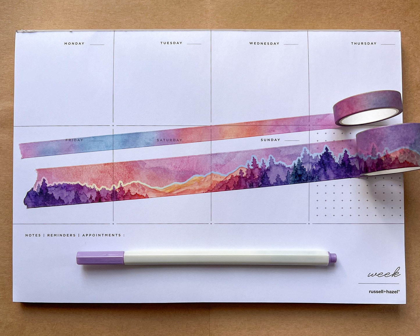 Set of 2 Sunset Mountains Washi Tape, Size 2.5cm and 1cm Wide by 10m Long