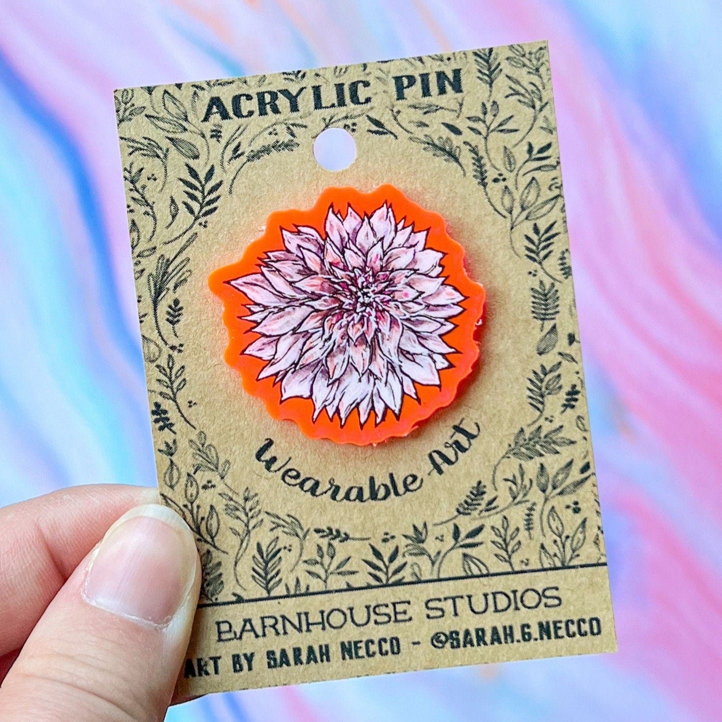 Limited Edition* Dahlia Cafe la Lait, 1.5” Fluorescent Pink Acrylic Pin with Rubber Clutch, Wearable Watercolor Art