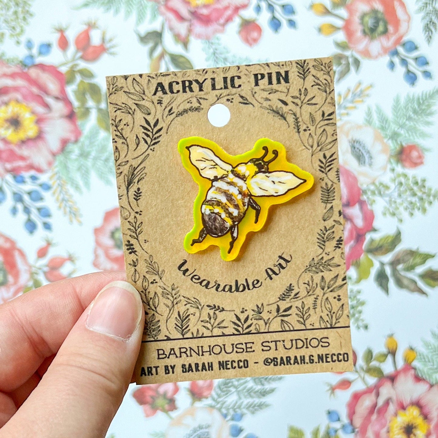 Limited Addition* Honey Bee, 1.5” Fluorescent Yellow Acrylic Pin with Rubber Clutch, Wearable Watercolor Art