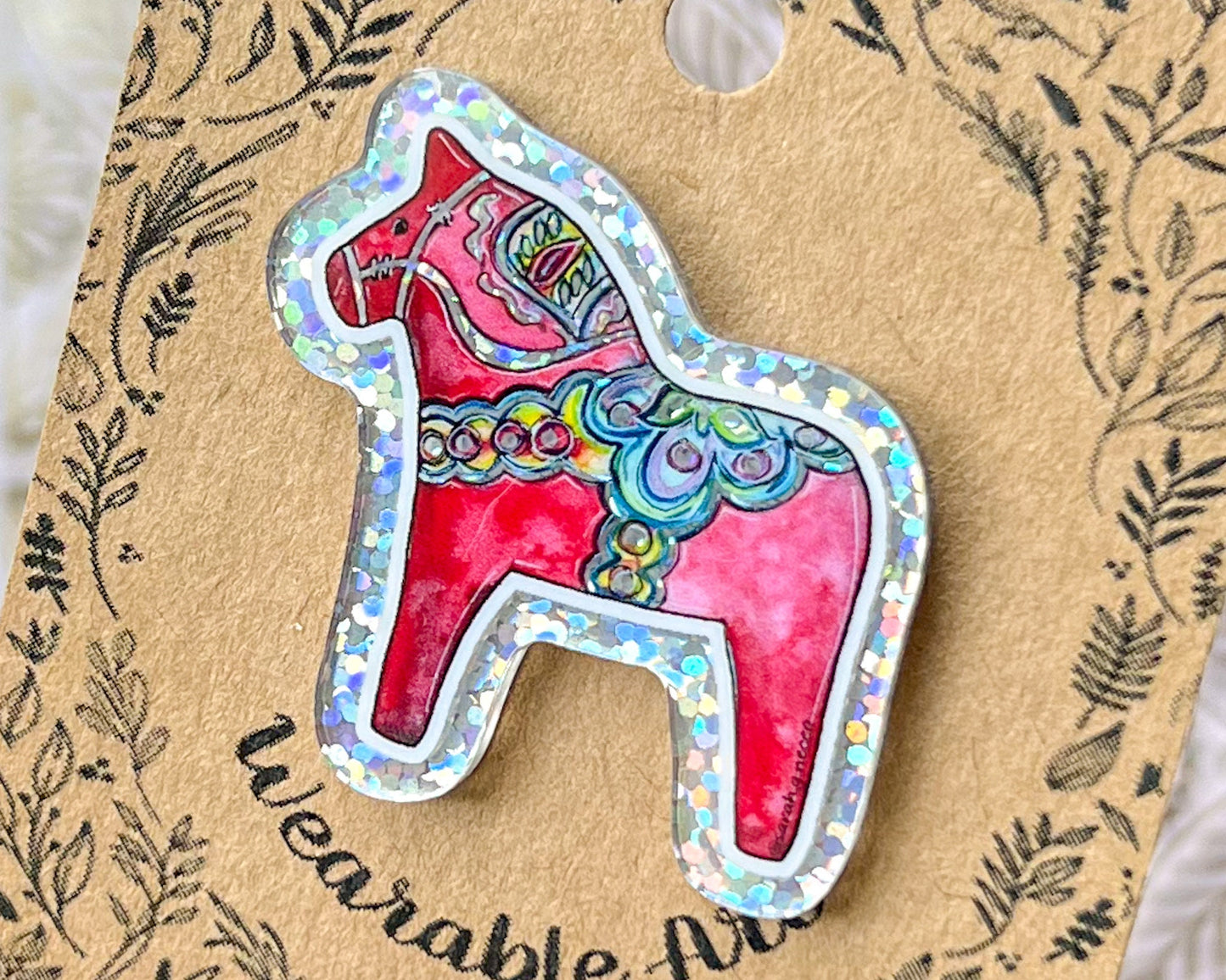 Limited Addition* Dala Horse, 1.5” Rainbow Glitter Acrylic Pin with Rubber Clutch, Wearable Watercolor Art