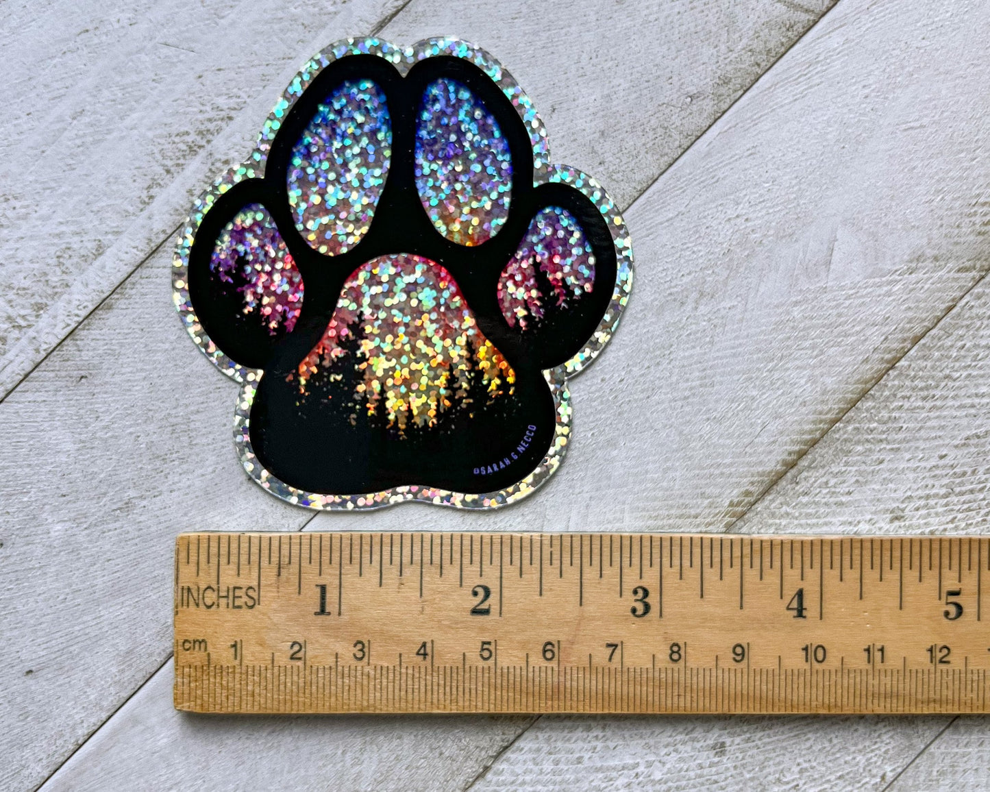 Sunset Forest Dog Paw, 3” Die-cut Glitter Sticker