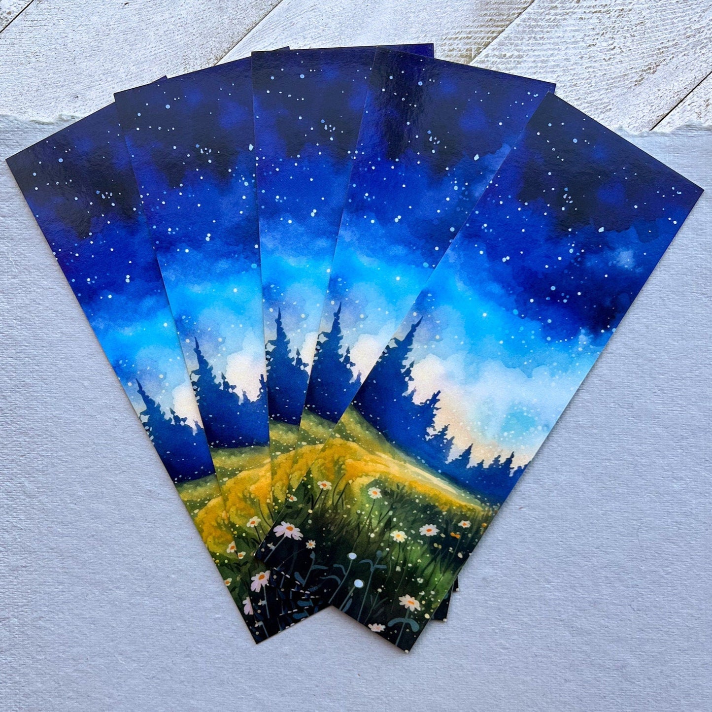 Digital Watercolor Illustration Bookmark, 2”x6” Glossy Card Stock, Daisies Under the Stars