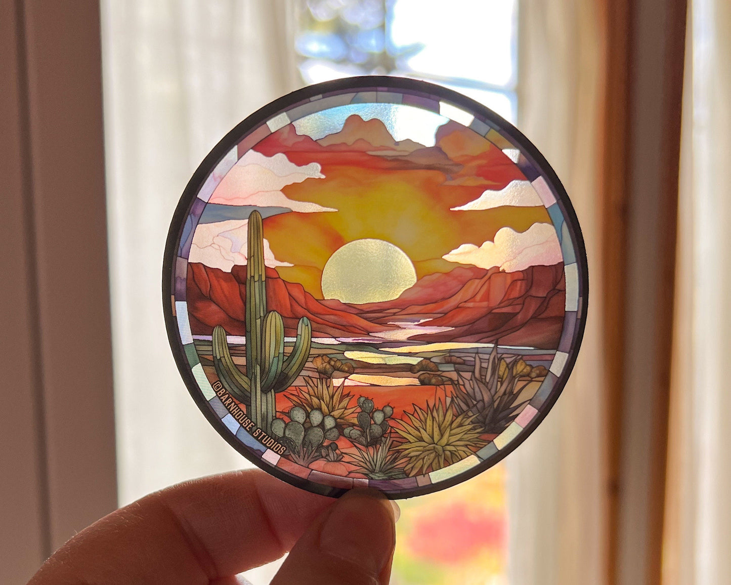 Desert Sun Stained Glass Window Sticker, 3" Circle Glossy Vinyl