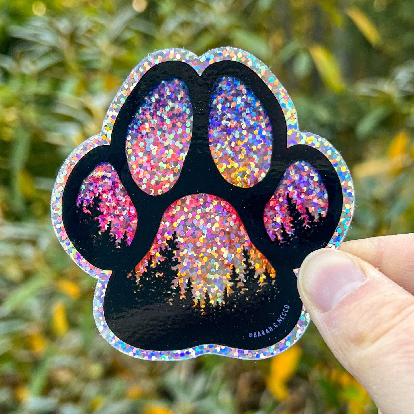 Sunset Forest Dog Paw, 3” Die-cut Glitter Sticker