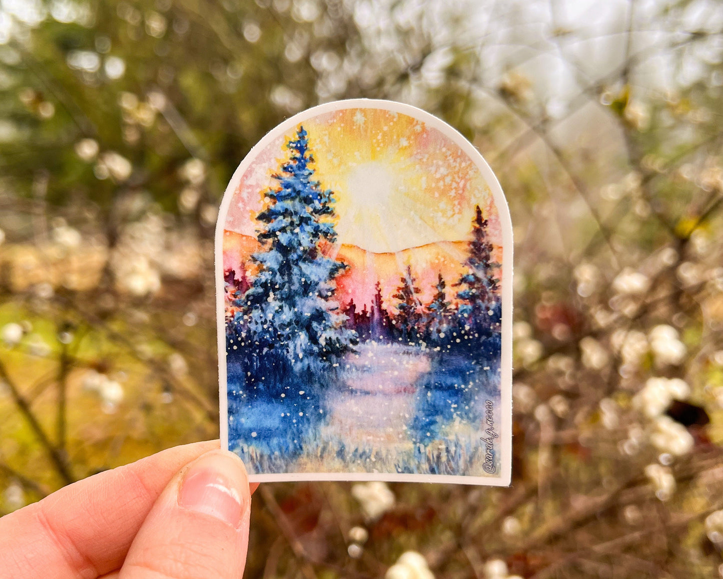 Winter Sunshine Landscape Arch, 3" Vinyl Sticker, Waterproof and Dishwasher Safe, Watercolor Art