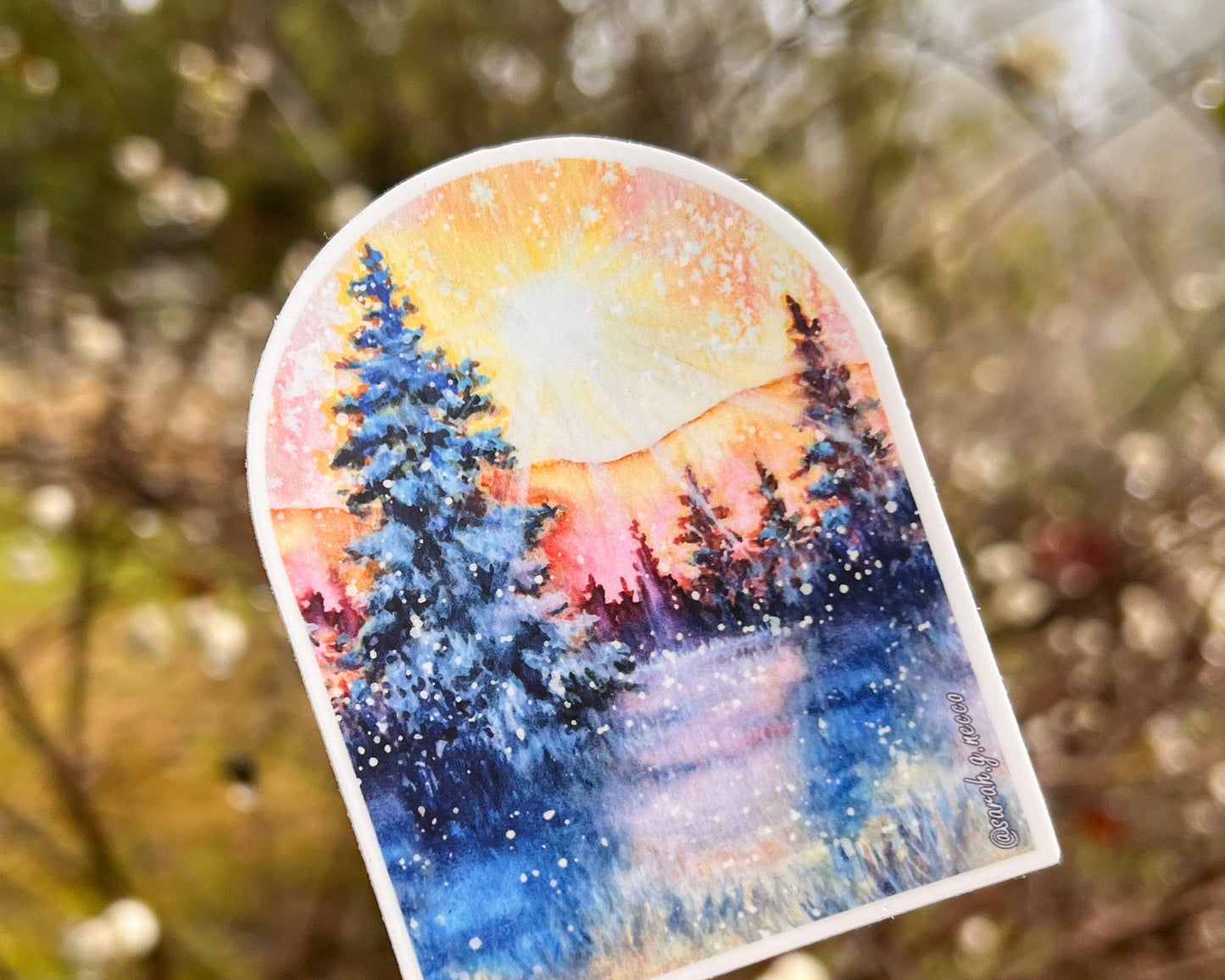Winter Sunshine Landscape Arch, 3" Vinyl Sticker, Waterproof and Dishwasher Safe, Watercolor Art