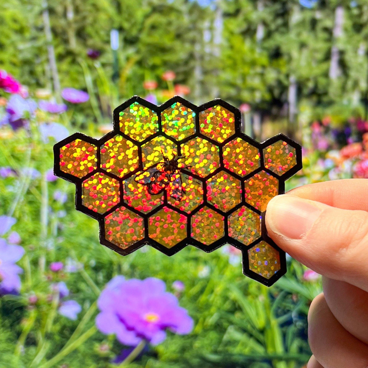 Black and Gold Glitter “Bee & Honeycomb”, 3"x2" Die-Cut Clear Vinyl