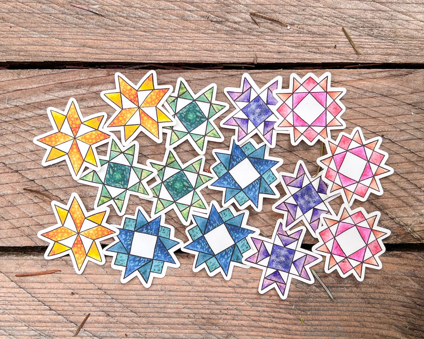 Set of 5 Small 1.5” Quilt Blocks, Clear Die-Cut Vinyl Stickers, Waterproof and Weatherproof