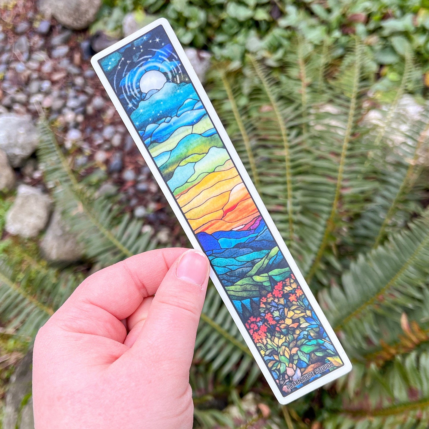 Stained Glass Landscape Tallscape™ Sticker, Clear Matte 1.5”x7"