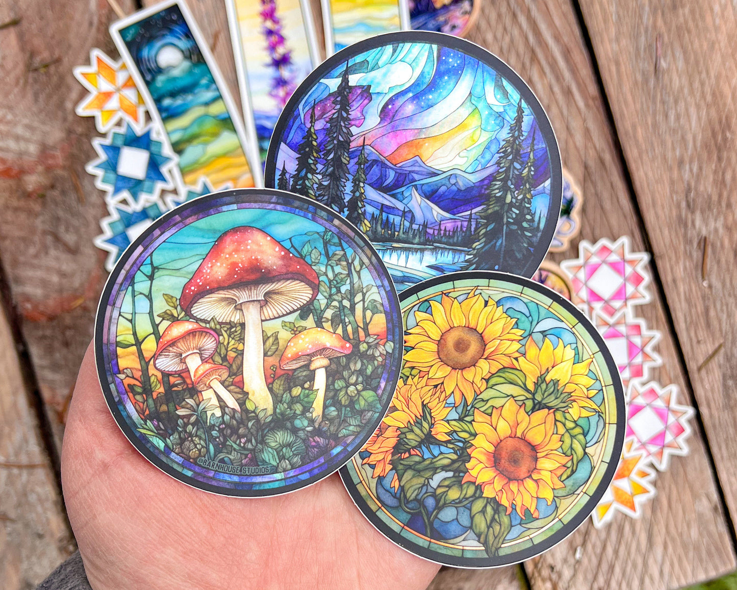 Mushrooms Stained Glass Sticker, 3" Vinyl Circle, Metallic Matte