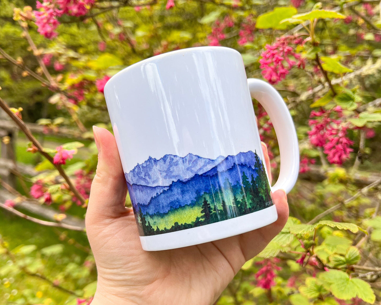 Olympic Mountain Range, WA, White Ceramic Mug, 11oz, Watercolor Wrap Landscape Art
