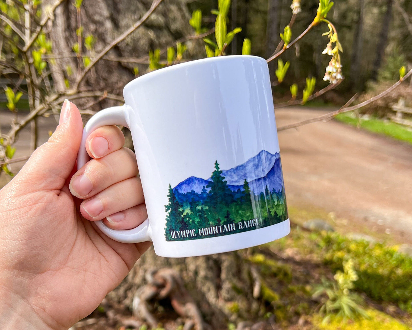 Olympic Mountain Range, WA, White Ceramic Mug, 11oz, Watercolor Wrap Landscape Art